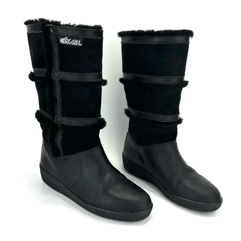 Dival Italy Elisa Black Winter Boot Sz 8 Leather Wool Lining Low Wedge Mid-Calf